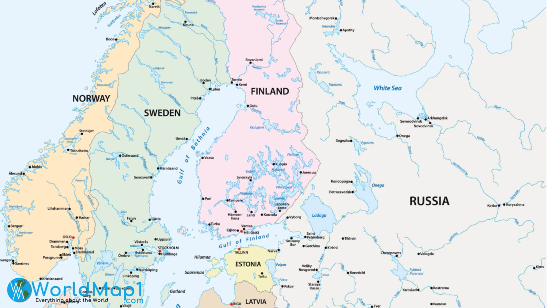 Scandinavian Countries Map with Latvia and Russia